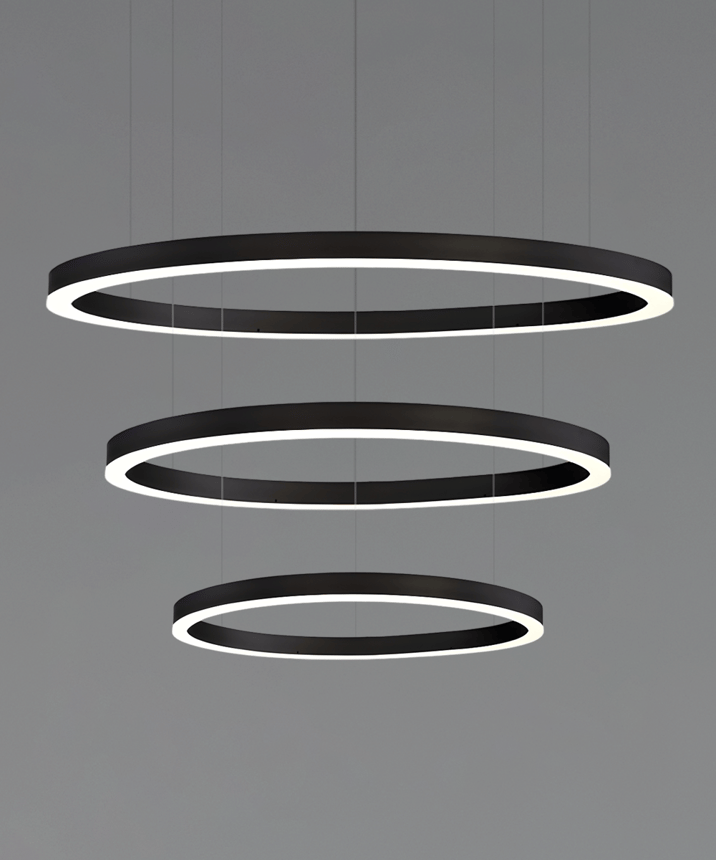 Alcon 12234-P, three-layers tiered suspended commercial pendant light shown in black finish and with a flush trim-less lens.