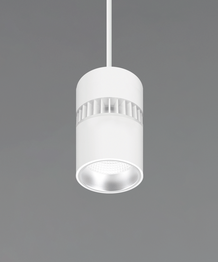 Alcon 12301-4-P, suspended commercial cylindrical pendant light shown with white fins and white housing finish.