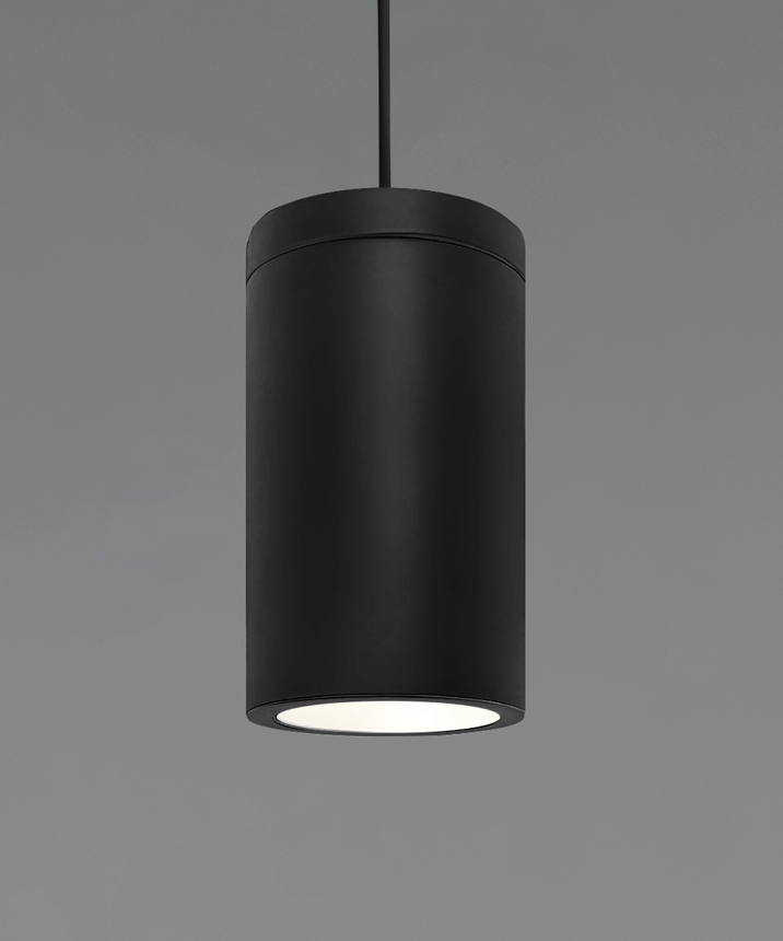  Alcon 12306-P, suspended commercial flush-lens cylindrical pendant light shown in black finish.