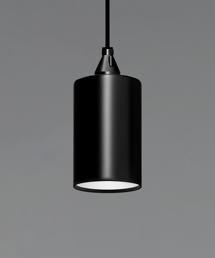 Alcon 12400-4P, suspended commercial cylindrical pendant light shown in black finish