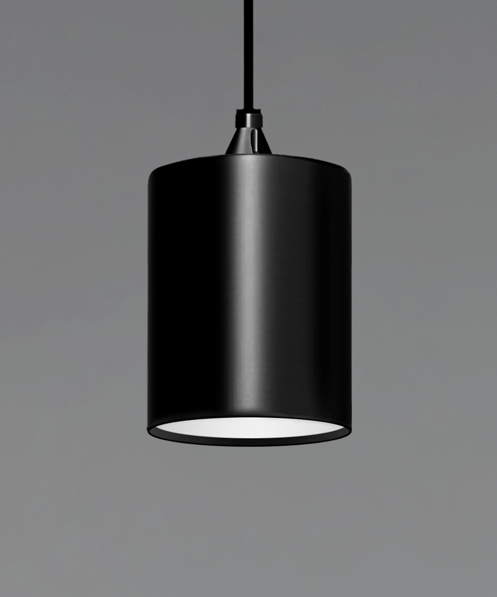 Alcon 12400-6P, suspended commercial cylindrical pendant light shown in black finish