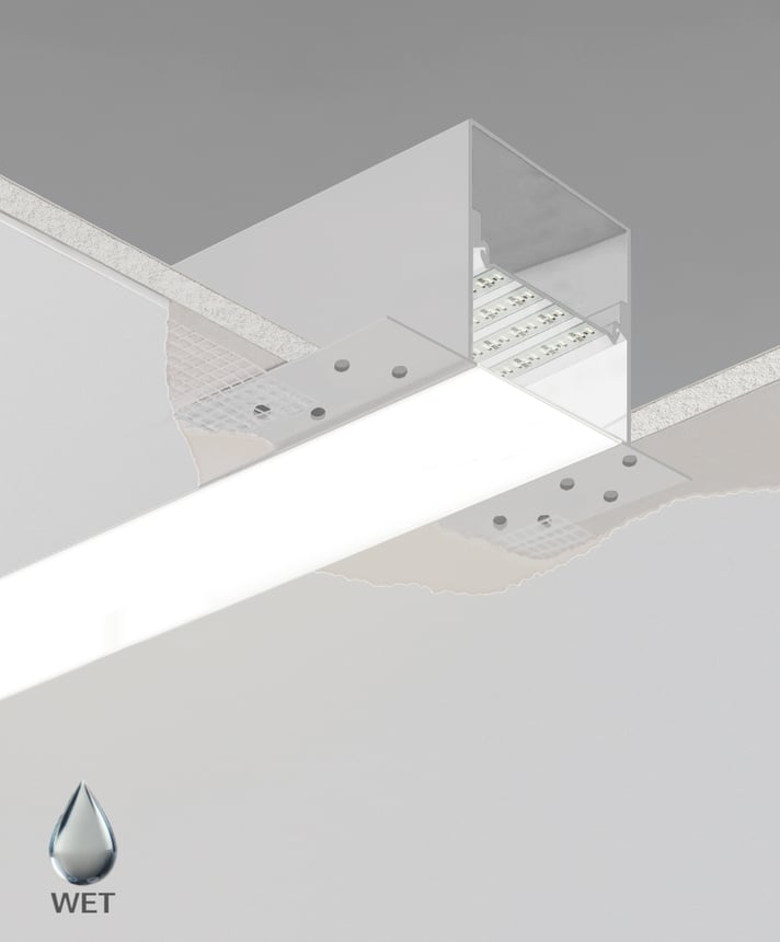 Product rendering of the 12100-45-R 4-inch Linear Recessed Linear LED Light by Alcon Lighting shown with trimless flat lens
