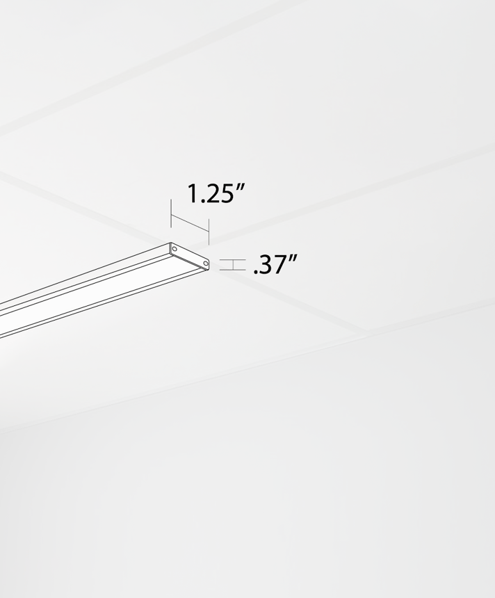 Alcon 14027-S, T-bar attaching surface linear ceiling light shown in white and with a flush lens.