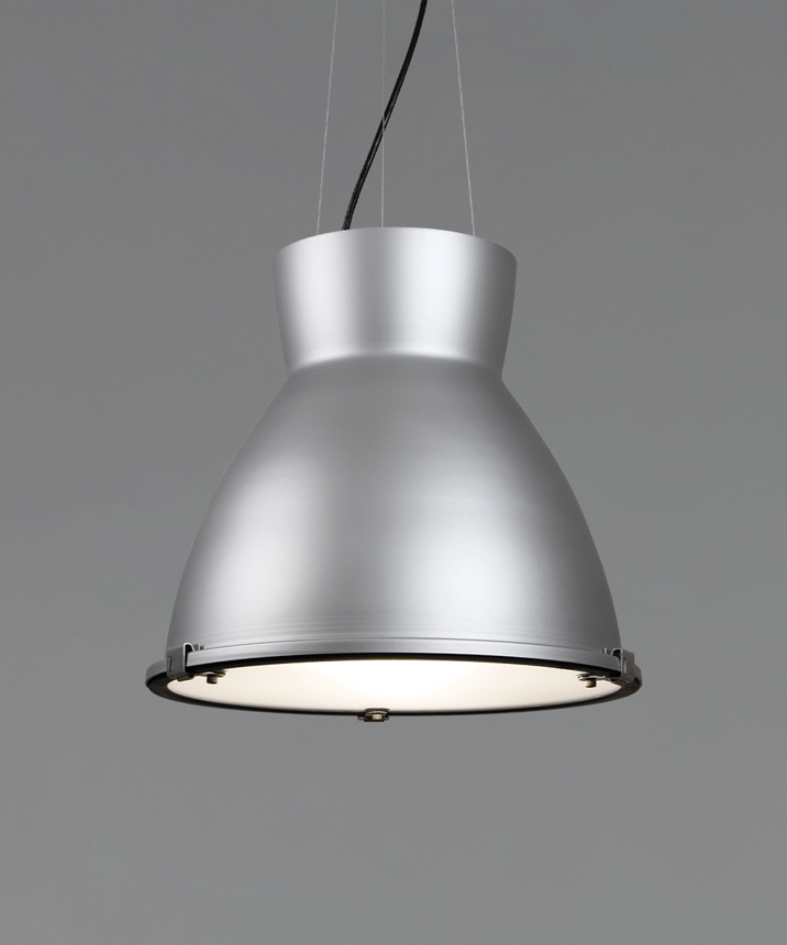 15203 industrial high bay pendant light shown in silver finish and with an hourglass shaped open-lens housing. 