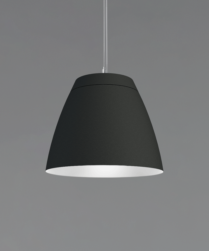 Alcon 15230, suspended commercial pendant light shown in black finish and with a cut-top open dome housing with gold interior.