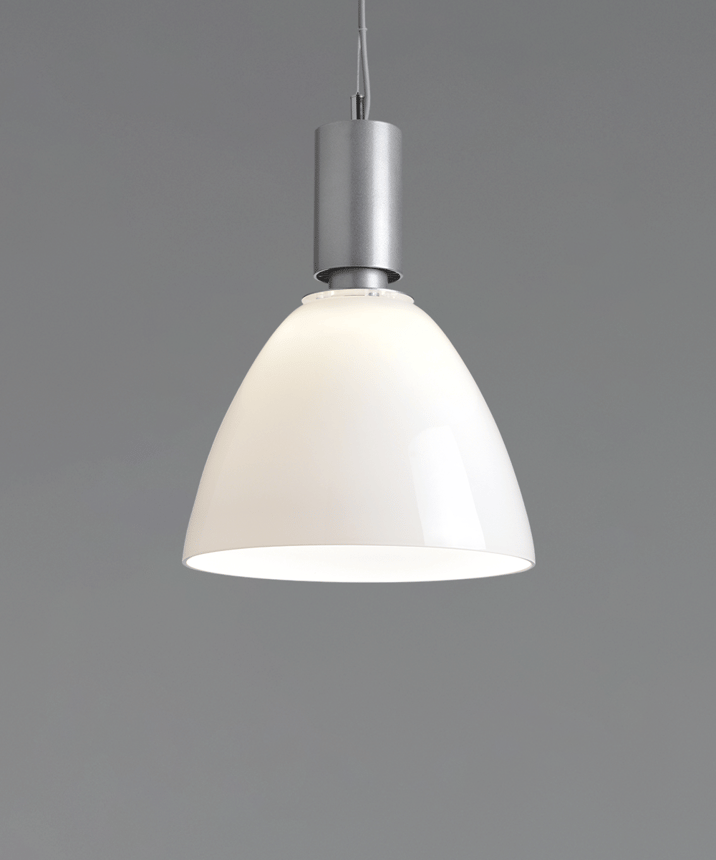 Alcon 15235, suspended commercial pendant light shown in silver finish and with an open bowl-shaped white acrylic lens.