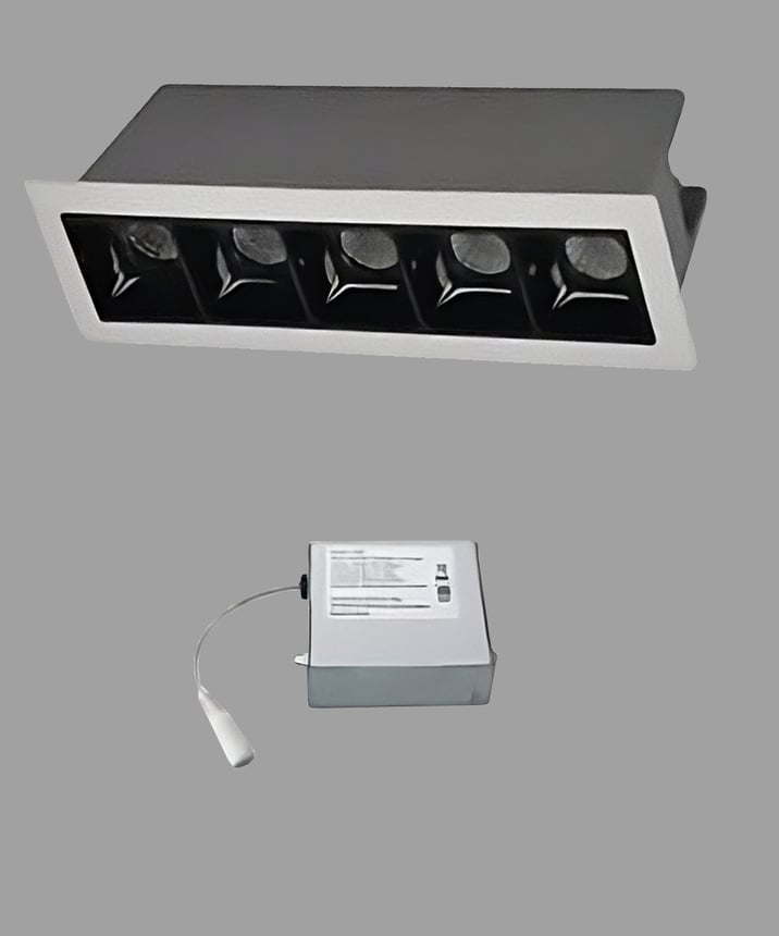 Full product image of the 15295 rectangular micro LED recessed downlight shown with the recessed housing with external driver