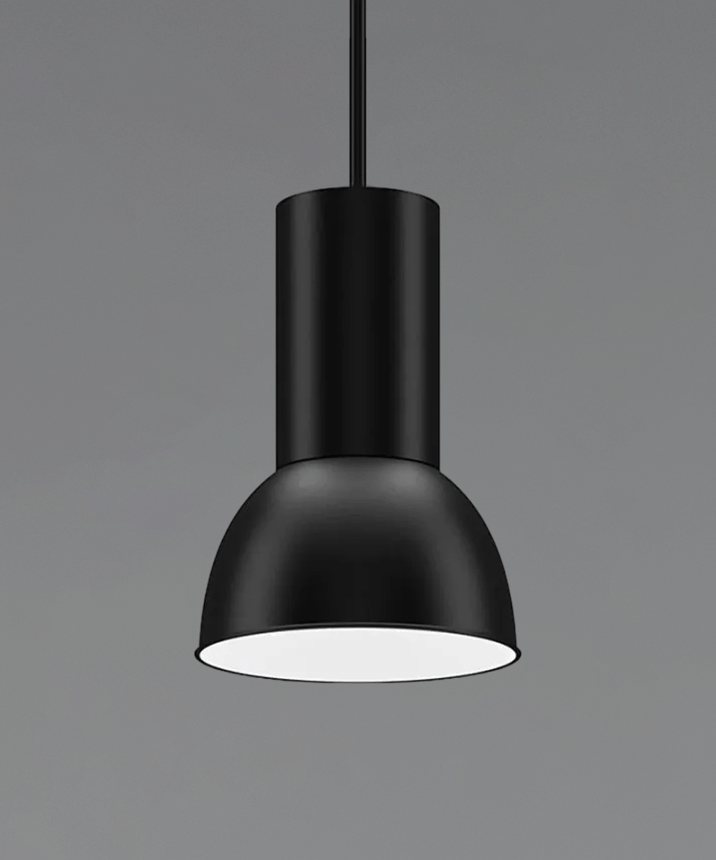 Alcon 15204-12-AL-P suspended commercial high bay pendant light shown in black finish.