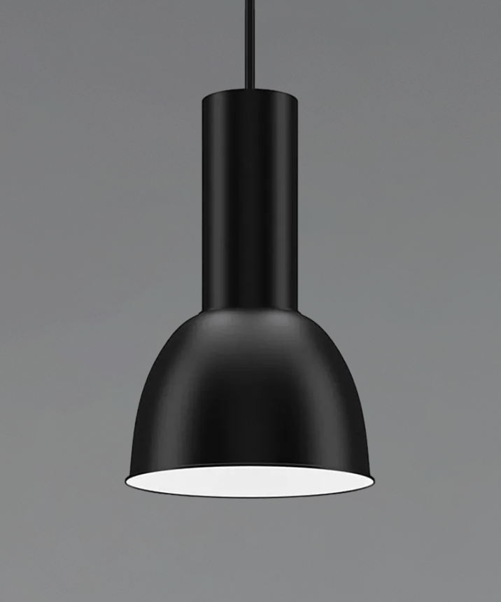Product rendering of the 15204-16-AL dome pendant high and low bay pendant light shown with a black finish and stem mounting