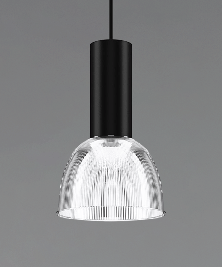 Product rendering of the 15204-16 dome pendant light, shown with a stem mounting and polycarbonate reflector