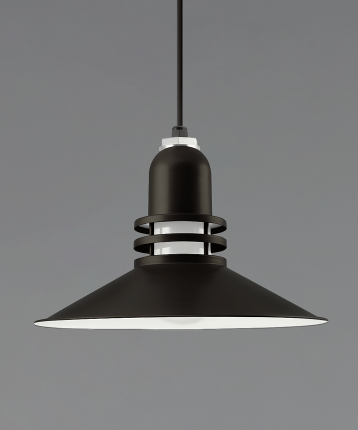 Alcon 15208-P, suspended commercial pendant light shown in black finish and with a flush trim-less lens.