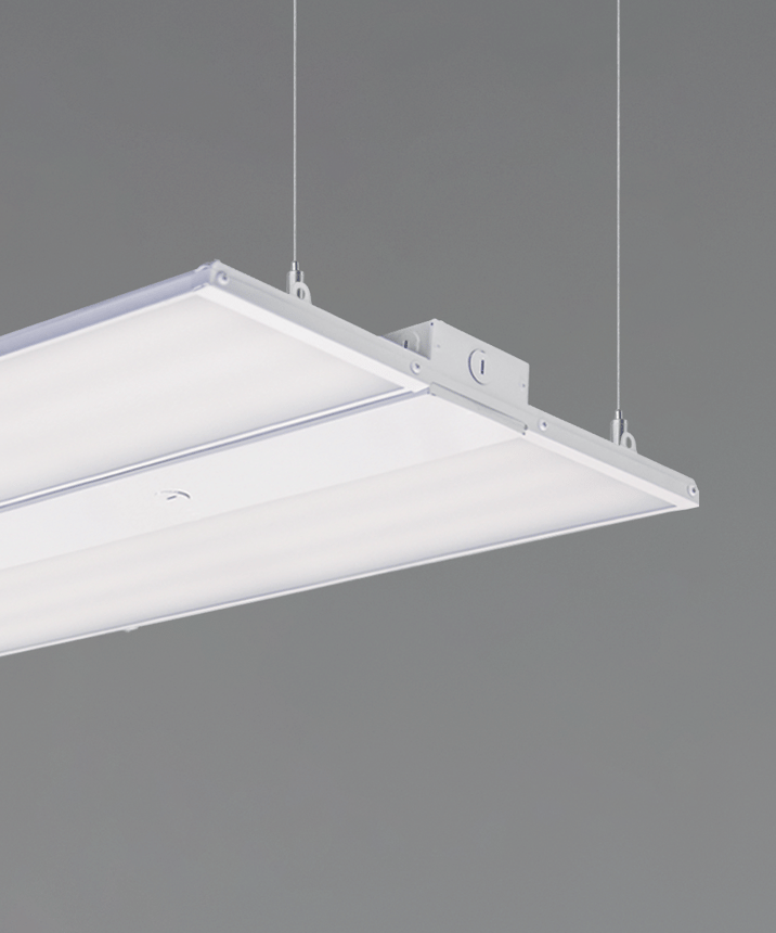 Alcon 15223, suspended commercial pendant light shown in silver finish and with a split flush trimmed lens.