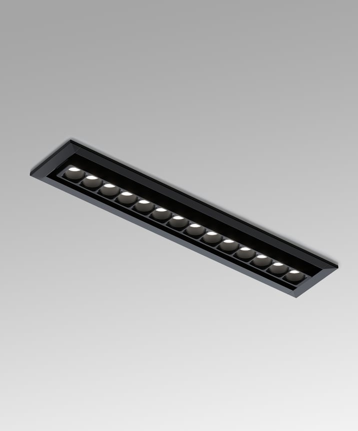 Full product image of the 15301-5 micro-optic linear light shown with the recessed housing with white trim