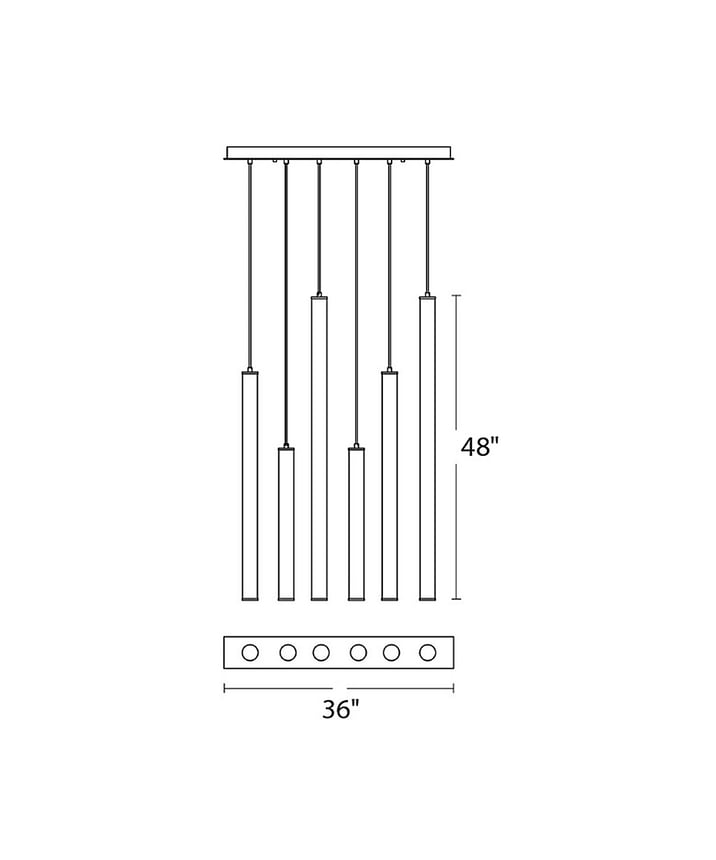 Alcon 12146-6L Suspended commercial vertical cylinder pendant shown with slim black end caps and 360 wrapping illuminated lens. Shown as a 6 tube linear modern pendant set at various lengths