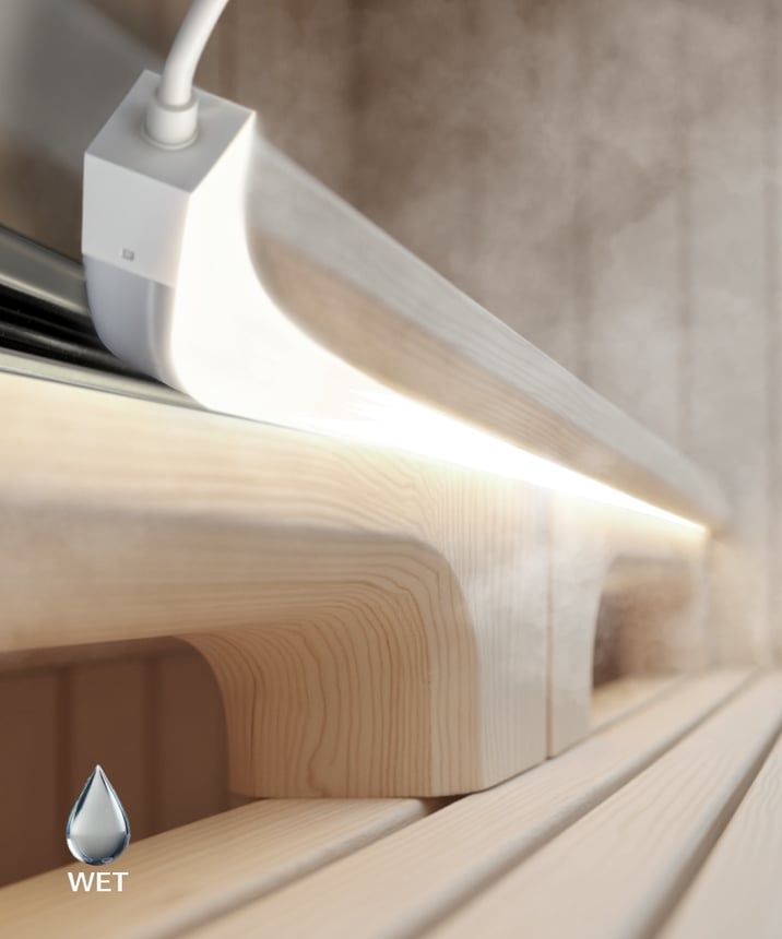 Alcon 12102-SS steam-rated flexible strip cove LED sauna light shown in a white finish.