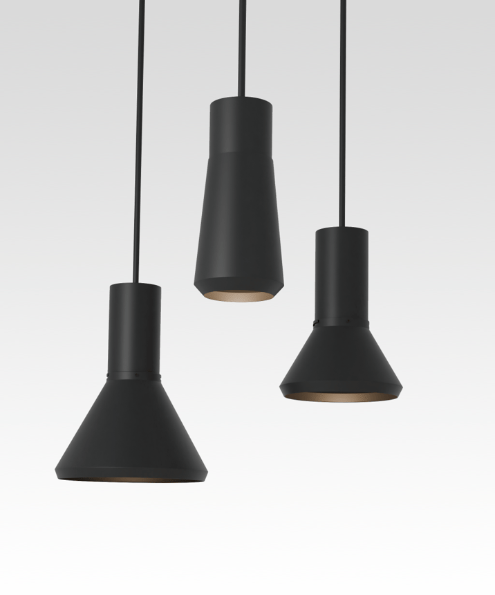 Alcon 12302-P-DM Industrial Half-Moon Dome LED Cylinder Pendant Light shown in a black finish with narrow, medium, and wide shades.