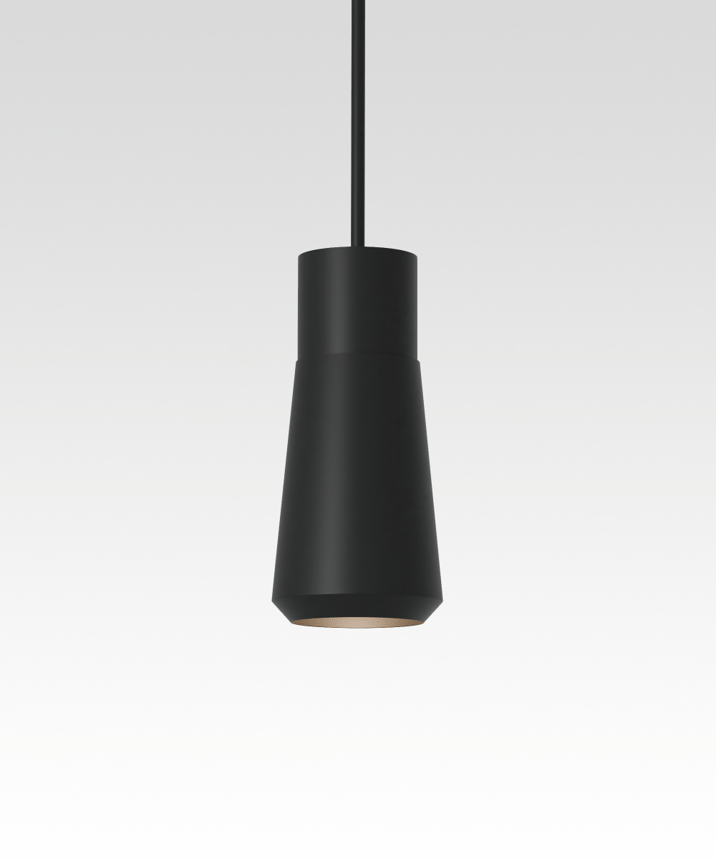 Alcon 12302-P-DM Industrial Half-Moon Dome LED Cylinder Pendant Light shown in a black finish with narrow, medium, and wide shades.