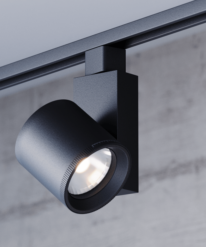 Alcon 13301 Architectural Adjustable Beam Track Light Head shown in a Black finish.