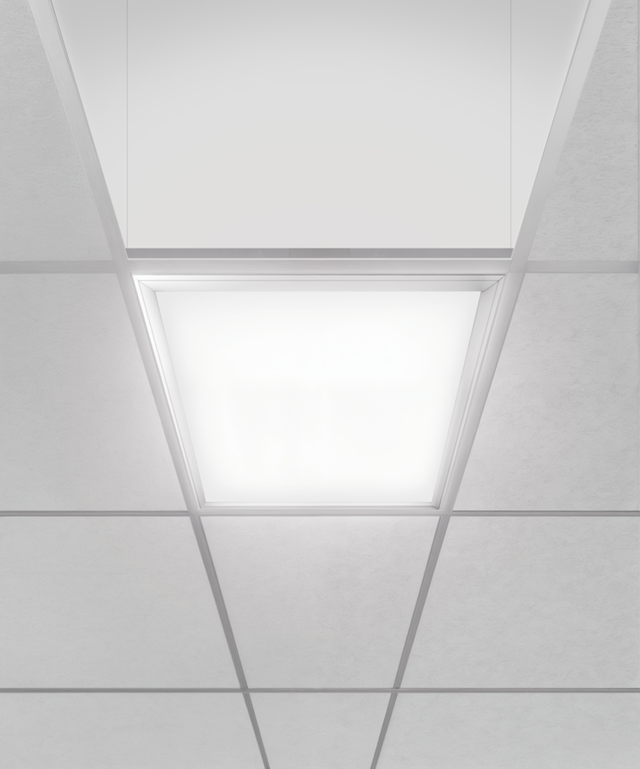 14052 edge-lit flat panel pendant light shown in s silver finish and with a flush trimmed lens.