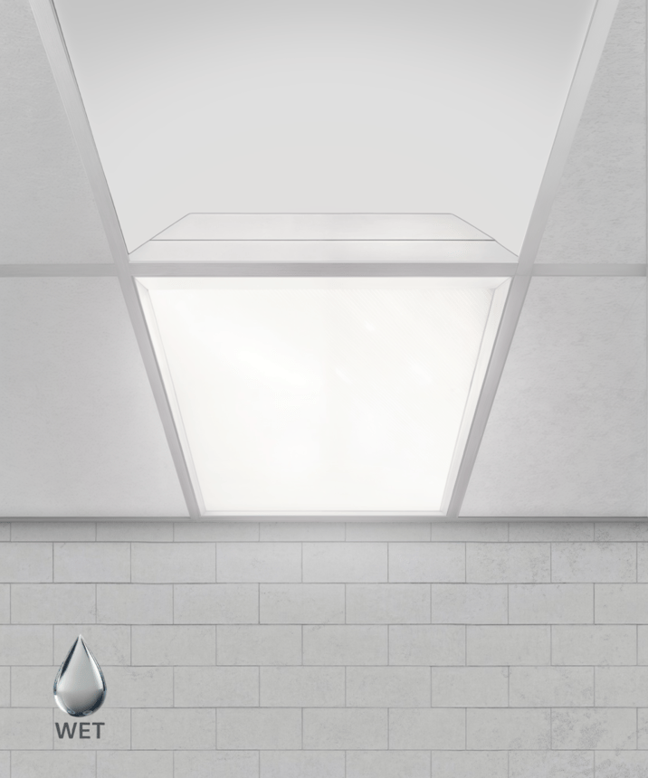 Alcon Lighting Product rendering of the 14709-WET wet-location LED troffer light with a corrosion-resistant white finish. Wet location certified.