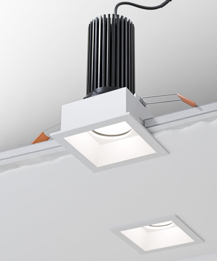 Alcon 14119-SQN3-TFWH Recessed Adjustable Downlight shown with a Square White Trim and White reflector finish