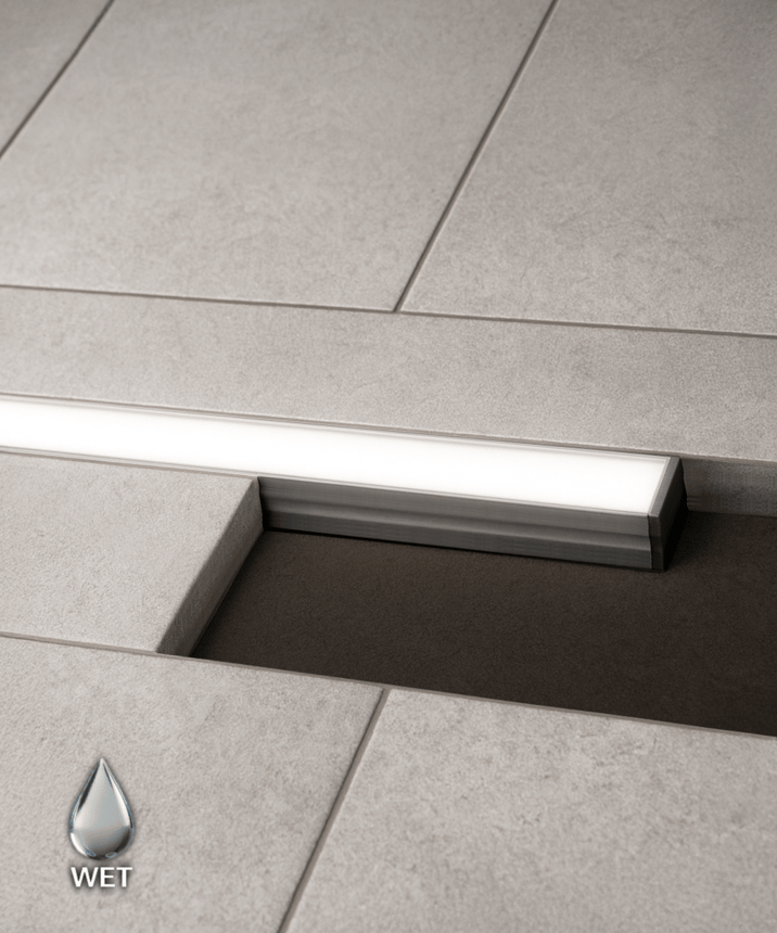 Alcon 14120 linear LED in ground light fixture shown in silver finish.