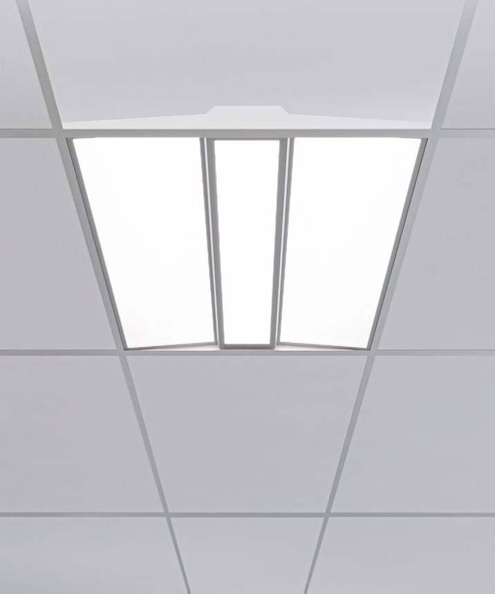 Alcon 14125 Recessed Volumetric Flat-Panel LED Troffer Light shown in a Silver finish, available in 2’x2’, 2'x4' and 1’x4’ sizes
