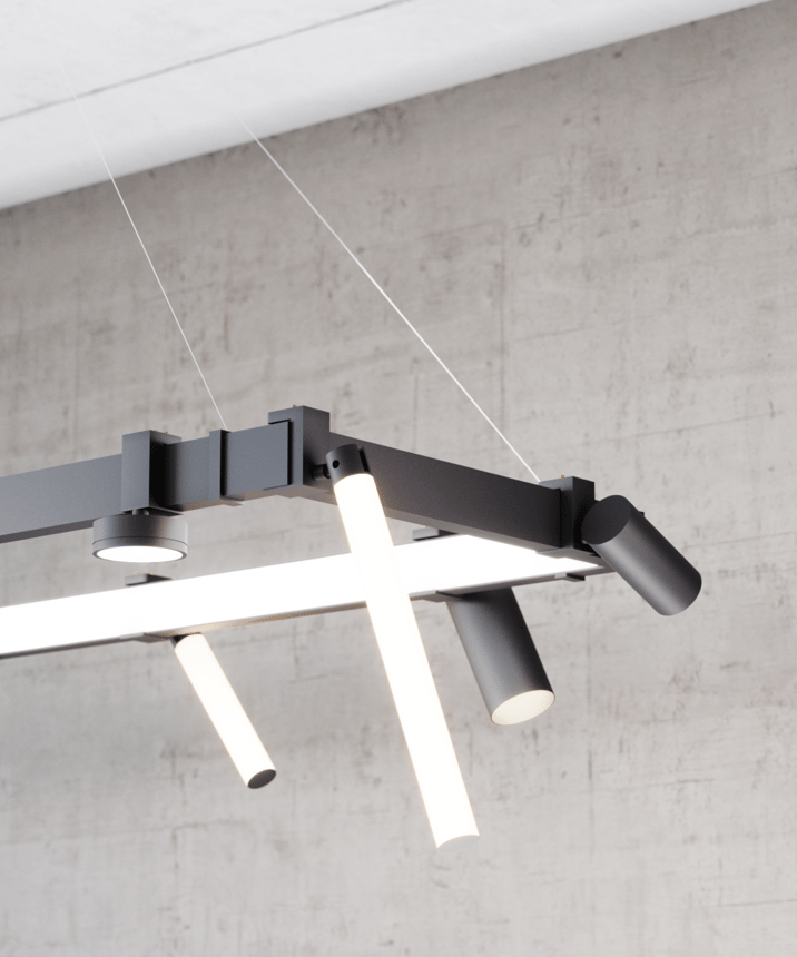 Alcon 15110 Modular Track System shown in Black on a 59.5" length, 18.75" width, and 2" height track and 11.75" length, 4.75" width, and 1.75" height canopy with 5 accessories