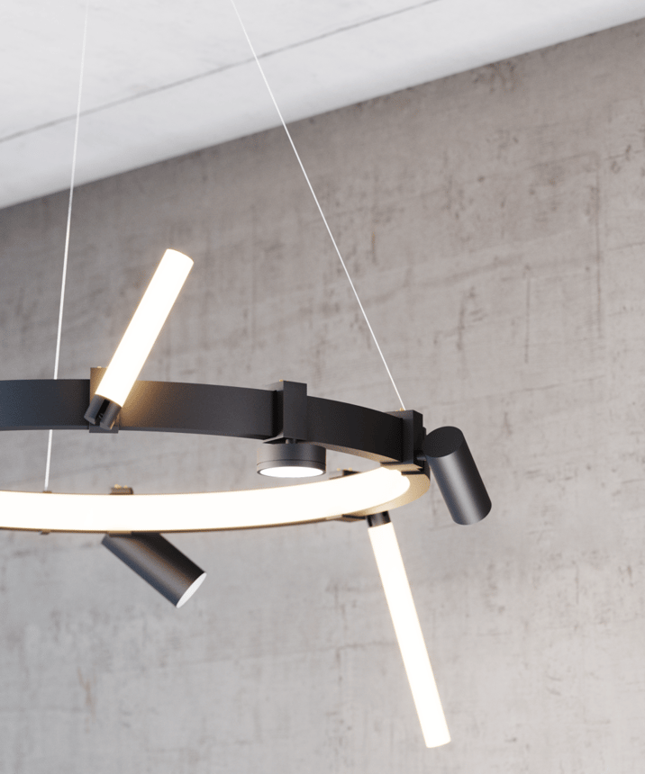 Alcon 15115 Modular Track System shown on a black finish, 32" diameter, 2" height track and 9.5" diameter and 1.75" height canopy with 5 accessories