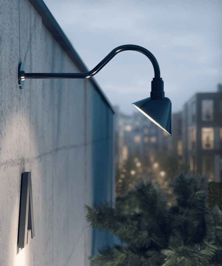 Alcon 15242 Outdoor Gooseneck LED Sign and Barn Light shown in a glossy black finish.