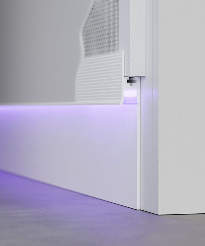 Alcon 15244-S-RGBW Straight Toe-Kick Color-Changing LED Baseboard shown in a White finish