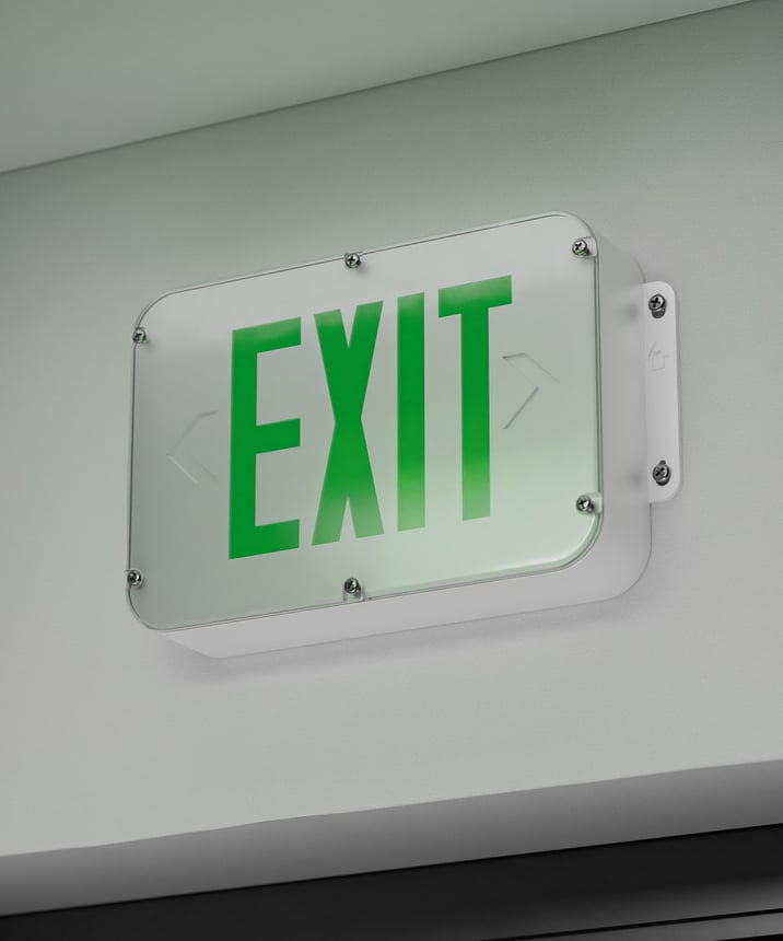 Alcon 16124 NSF Rated NEMA 4X LED Exit Sign shown in a White and red finish