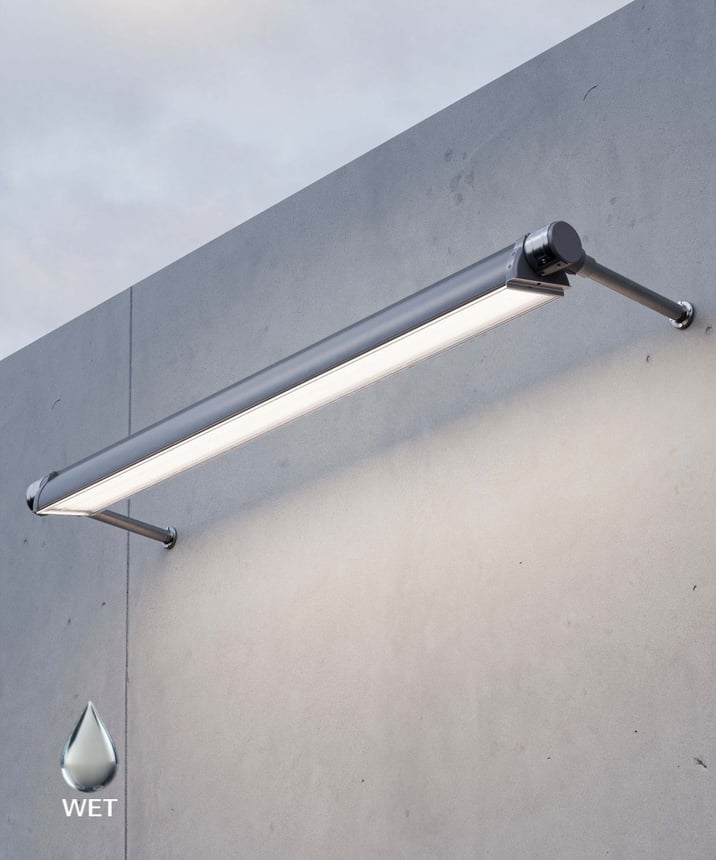 Alcon 31029 LED Exterior Linear Sign Light shown in a Silver finish