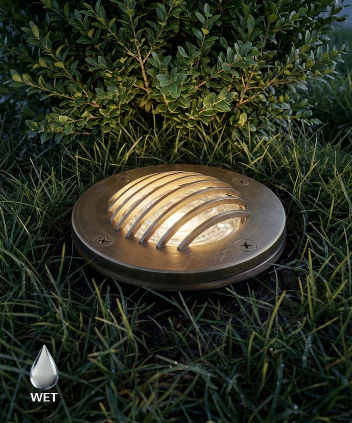 Alcon 9022 Low-Voltage 4-Inch In-Ground LED Well Light shown in a stainless steel finish.