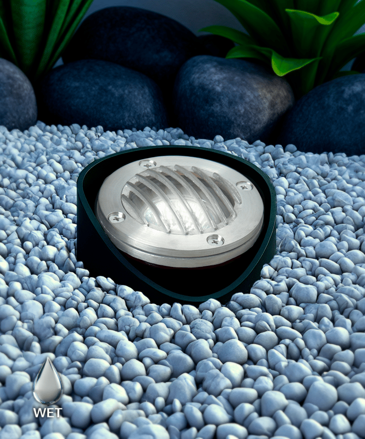 Alcon 9025 Low-Voltage 6-Inch Adjustable In-Ground LED Well Light shown in a stainless steel finish.