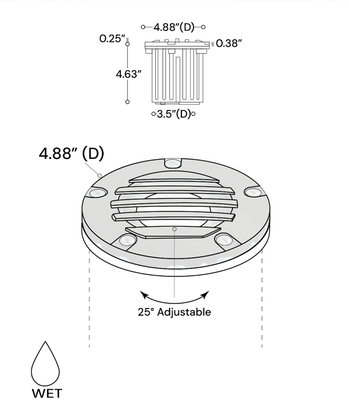 Alcon 9028-SS Low-Voltage 5-Inch Adjustable In-Ground LED Well Light shown in a stainless steel finish.