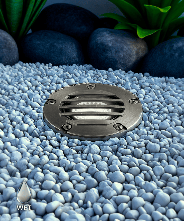 Alcon 9028-SS Low-Voltage 5-Inch Adjustable In-Ground LED Well Light shown in a stainless steel finish.