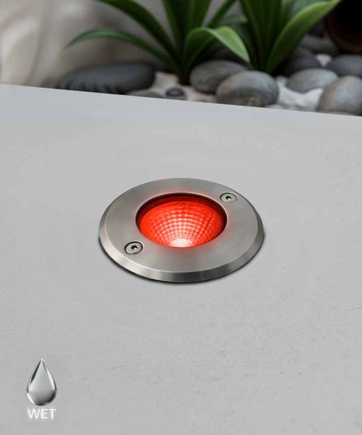 Alcon 9033 LED Well Light shown in a stainless steel finish with red light