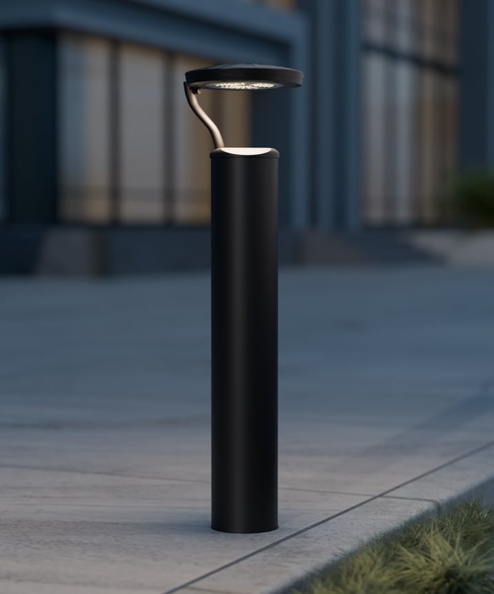 Alcon 9035-S 40-inch tri-arm commercial LED bollard light on exterior shown in a black finish.