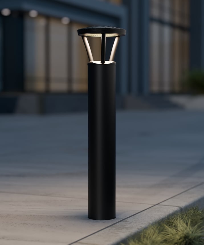 Alcon 9035-TRI 40-inch tri-arm commercial LED bollard light on exterior shown in a bronze finish.