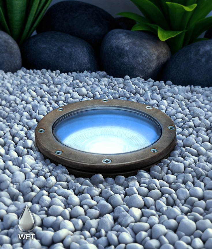 Alcon 9042 LED Well Light shown in a bronze with a blue light