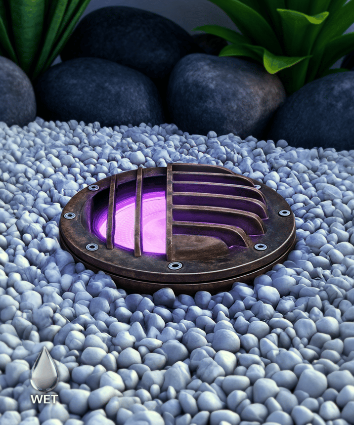 Alcon 9043 LED Well Light shown in a bronze with a purple light