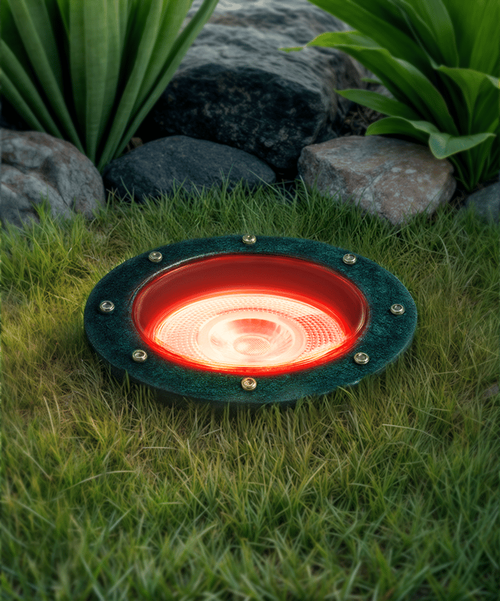 Alcon 9044 LED Well Light shown in a black finish with blue light