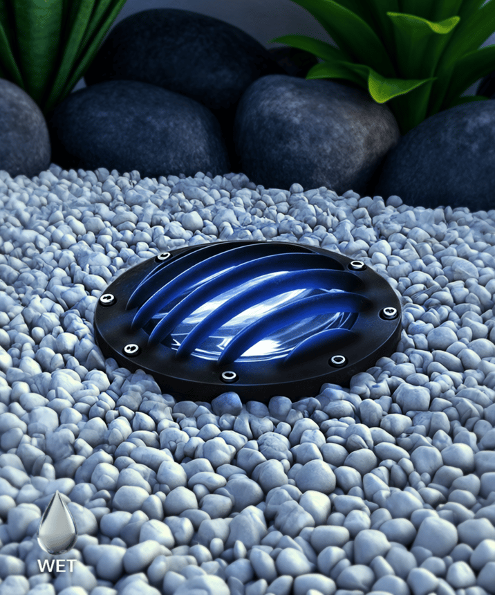 Alcon 9045 LED Well Light shown in a black finish with blue light