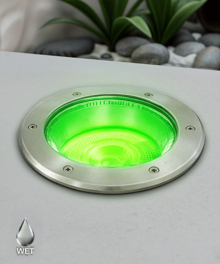 Alcon 9094 LED Well Light shown in a silver finish with green light