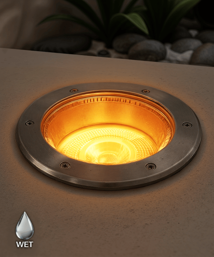 Alcon 9094 LED Well Light shown in a silver finish with turtle friendly light