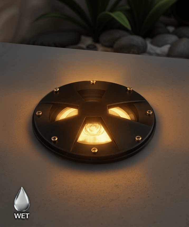 Alcon 9045 LED Well Light shown in a black finish with turtle friendly light