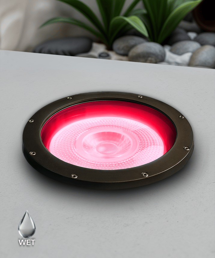 Alcon 9100 LED Well Light shown in a bronze finish with RED LIGHT