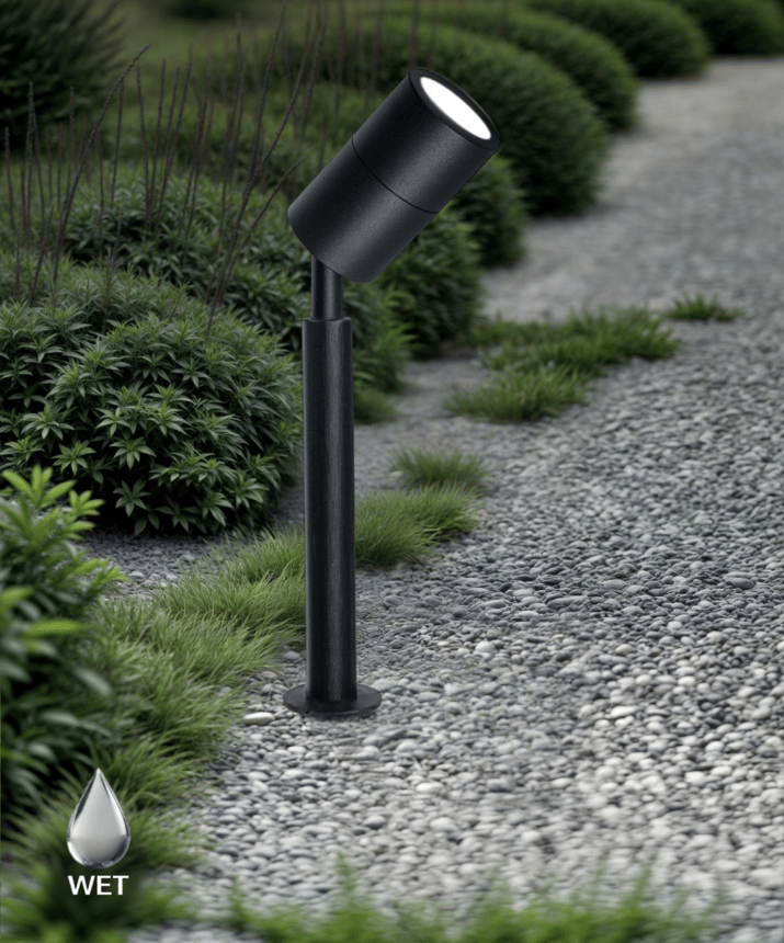 Alcon 9104 directional uplight shown in a black finish and on 7.25 inch extension pole.