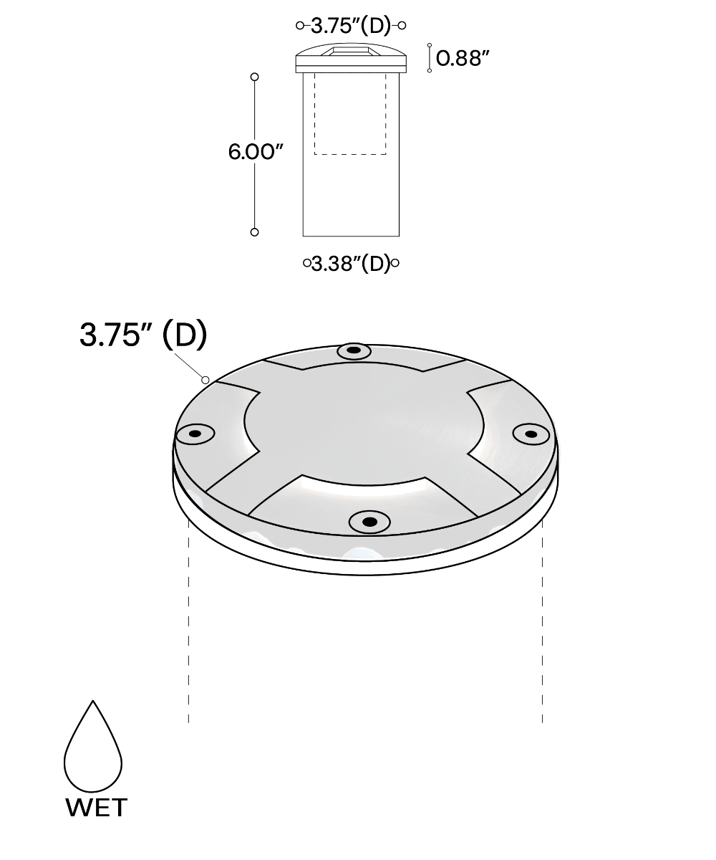 Alcon 9150-Q360 4-Inch In-Ground LED Well Light | 360° Illumination shown in a cast brass finish.